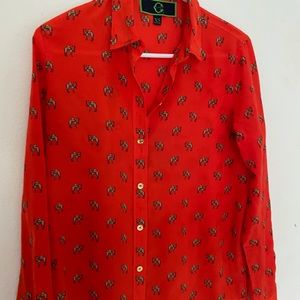 C WONDER CAMELS  silk Button Up SHIRT XS Red 19” across, 26 long